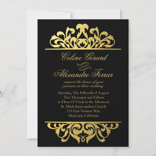 Glam Gold Foil Blüh Wedding | Schwarzes Gold Einladung (Vorderseite)