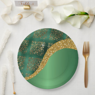 Glam Gold Glitter Grüne Metallic Hochzeit Pappteller