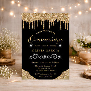 Glam Gold Glitter Quinceañera Einladung