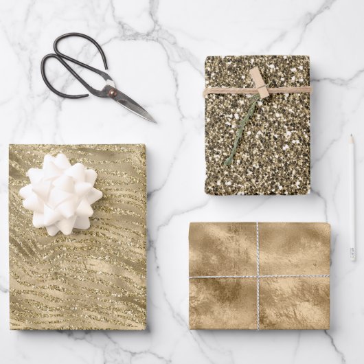 Glam Gold Glitz Glitzer Zebra Print Geschenkpapier Set (Vorderseite)
