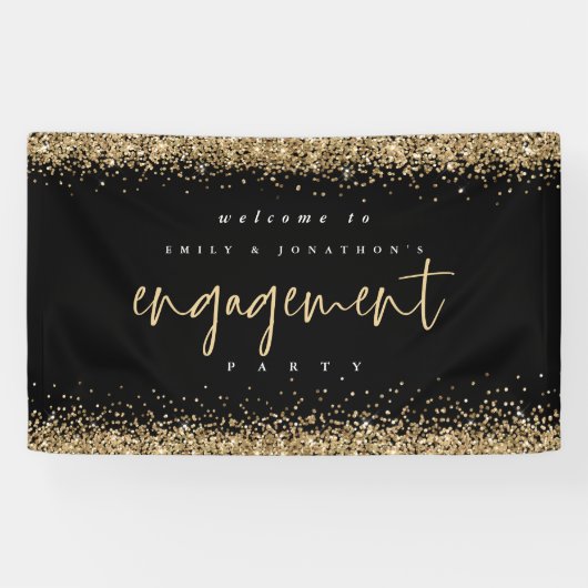 Glam Gold Glitzer Black Welcome Engagement Party Banner (Horizontal)