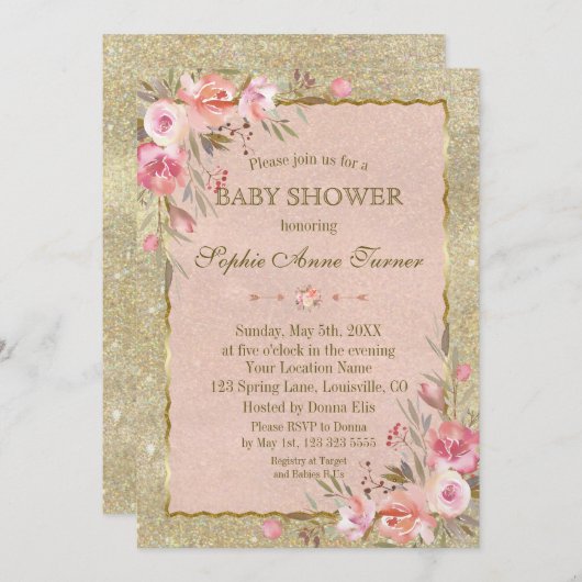 Glam Gold Glitzer Blush Bloral Baby Dusche Einladung (Vorne/Hinten)