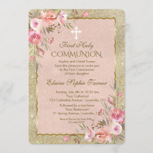 Glam Gold Glitzer Blush Floral Erste Kommune Einladung