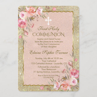 Glam Gold Glitzer Blush Floral Erste Kommune Einladung