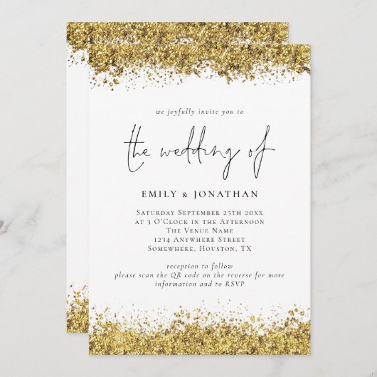 Glam Gold Glitzer Borders Script QR Code Hochzeit Einladung (Vorne/Hinten)