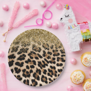 Glam Gold Glitzer Creme Leopard Print Pappteller