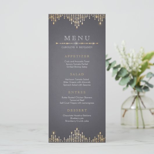 Glam gold Glitzer Deko Vintage Hochzeitsmenü Menükarte (Stehend Vorderseite)
