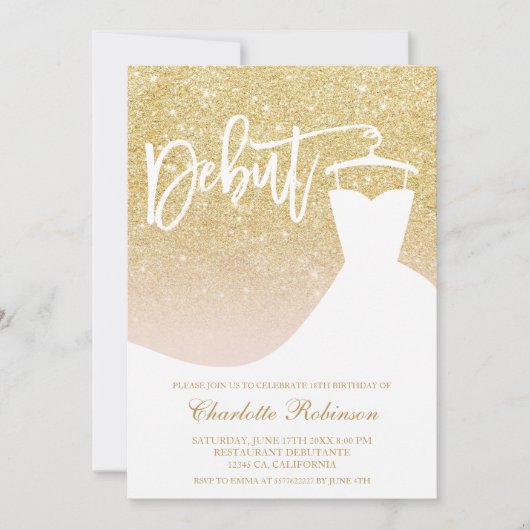 Glam gold Glitzer elegantes schicke Kleid 18. Debu Einladung (Vorderseite)