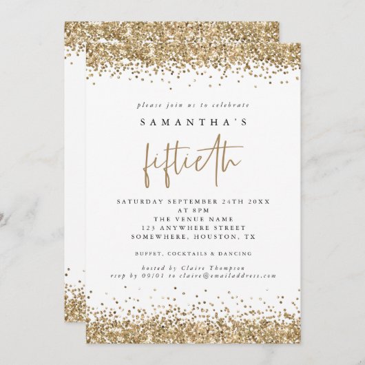 Glam Gold Glitzer Fiftieth Party White Einladung (Vorne/Hinten)