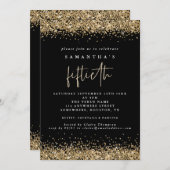 Glam Gold Glitzer Fünfzigstes Party Schwarz Einladung (Vorne/Hinten)
