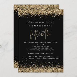 Glam Gold Glitzer Fünfzigstes Party Schwarz Einladung