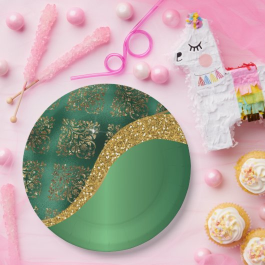 Glam Gold Glitzer Green Metallic Pappteller (Party)