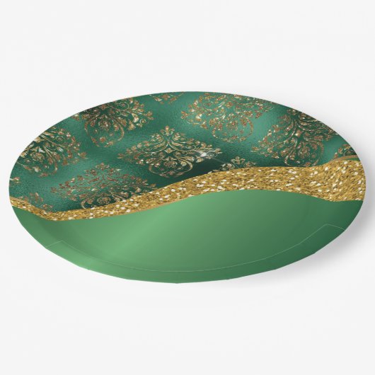 Glam Gold Glitzer Green Metallic Pappteller (Schrägansicht)