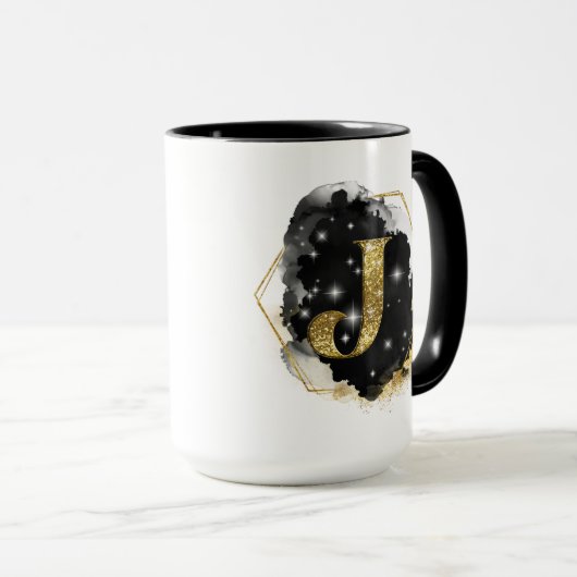 Glam Gold Glitzer J Monogram Tasse (VorderseiteRechts)