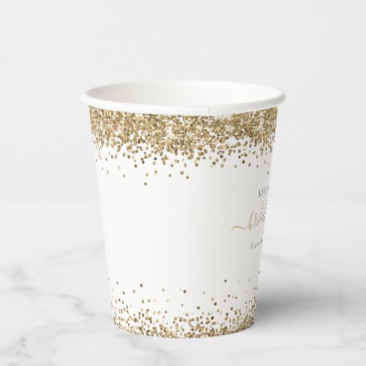 Glam Gold Glitzer Name Date Brautparty Pappbecher (Rechts)