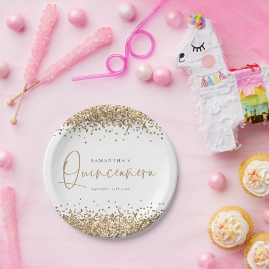 Glam Gold Glitzer Name Datum Quinceañera 15. Party Pappteller (Party)