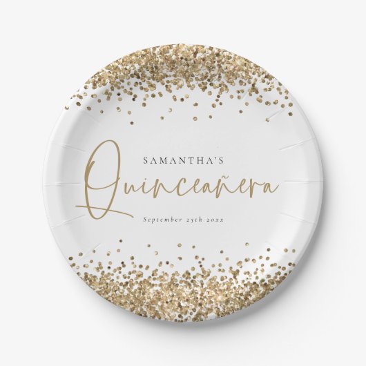 Glam Gold Glitzer Name Datum Quinceañera 15. Party Pappteller (Vorderseite)