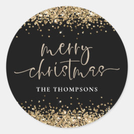 Glam Gold Glitzer Name Frohe Weihnachten Schwarz Runder Aufkleber