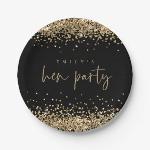 Glam Gold Glitzer Name Hen Party Black Pappteller
