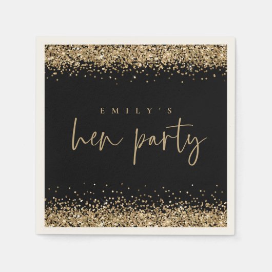 Glam Gold Glitzer Name Hen Party Black Serviette (Vorderseite)