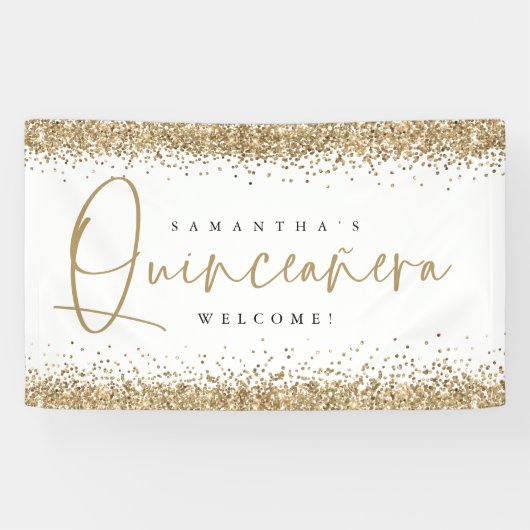 Glam Gold Glitzer Name Welcome Quinceañera Banner (Horizontal)