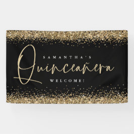 Glam Gold Glitzer Name Welcome Quinceañera Black Banner