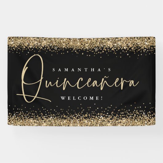 Glam Gold Glitzer Name Welcome Quinceañera Black Banner (Horizontal)