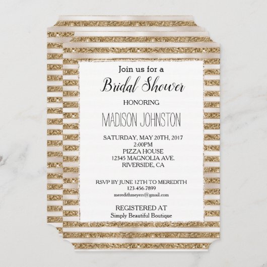 Glam Gold Glitzer Pearl Streifen Einladung (Vorne/Hinten)