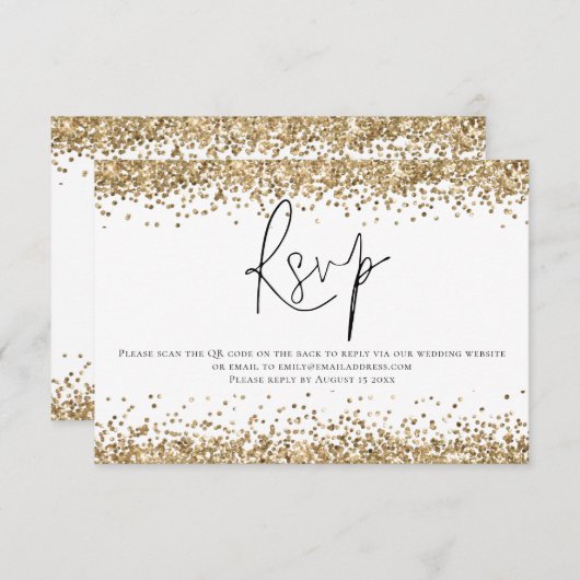 Glam Gold Glitzer QR Code Script Hochzeit RSVP Karte (Vorne/Hinten)