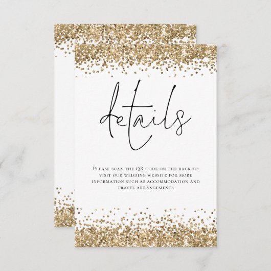 Glam Gold Glitzer QR Code Skriptdetails Hochzeitsa Begleitkarte (Vorne/Hinten)
