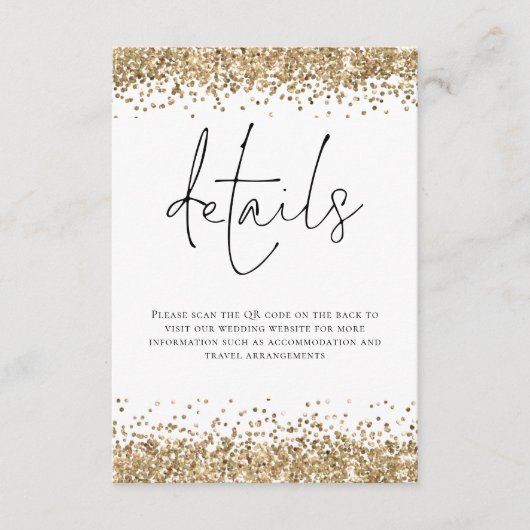 Glam Gold Glitzer QR Code Skriptdetails Hochzeitsa Begleitkarte (Vorderseite)