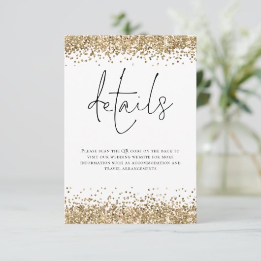 Glam Gold Glitzer QR Code Skriptdetails Hochzeitsa Begleitkarte (Stehend Vorderseite)