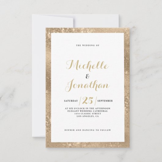 Glam gold Glitzer Rahmen Skript-Kalligrafie Hochze Einladung (Vorderseite)