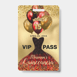 Glam Gold Glitzer Red Dress Quinceanera VIP Abzeic Ausweis