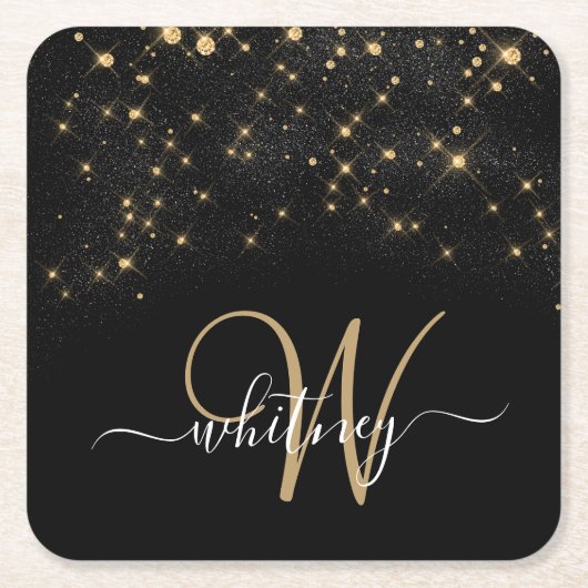 Glam Gold Glitzer Sparkle Elegantes Monogramm Schw Rechteckiger Pappuntersetzer (Vorderseite)