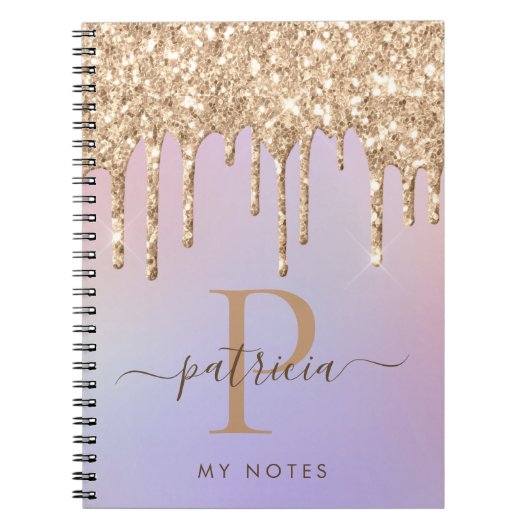 Glam Gold Glitzer Tropfen Elegantes Monogram Noteb Notizblock (Vorderseite)