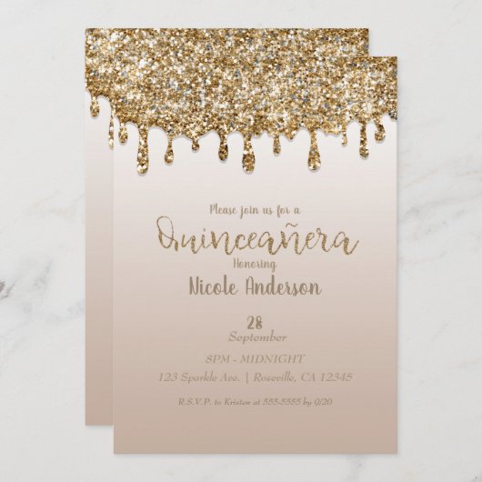 Glam Gold Glitzer Tropfen Quinceañera 15 Geburtsta Einladung (Vorne/Hinten)