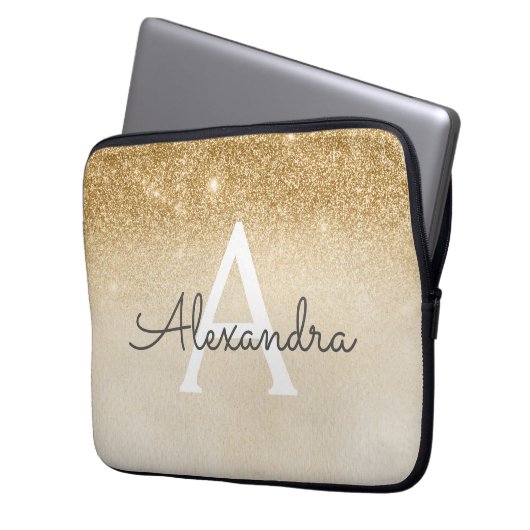 Glam Gold Glitzer und Sparkle Chic Mit Monogramm Laptopschutzhülle (Vorderseite Links)