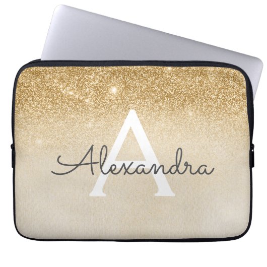 Glam Gold Glitzer und Sparkle Chic Mit Monogramm Laptopschutzhülle (Vorderseite)