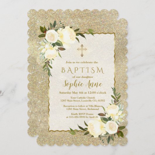 Glam Gold Glitzer White Floral Gold Cross Taufe Einladung (Vorne/Hinten)