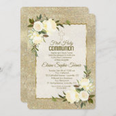 Glam Gold Glitzer White Roses Erste Heilige Kommun Einladung (Vorne/Hinten)
