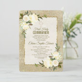 Glam Gold Glitzer White Roses Erste Heilige Kommun Einladung (Stehend Vorderseite)