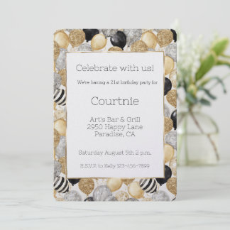 Glam Gold Glitzy Glitter Silver Balloons Birthday Einladung