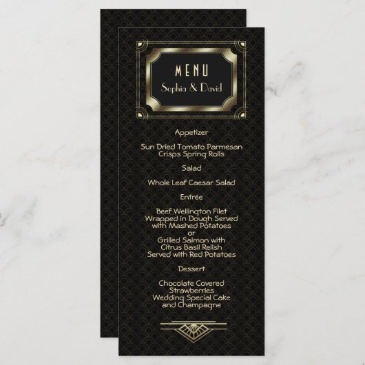 Glam Gold Great Gatsby Art Deco 20s Wedding Menu Menükarte (Vorne/Hinten)