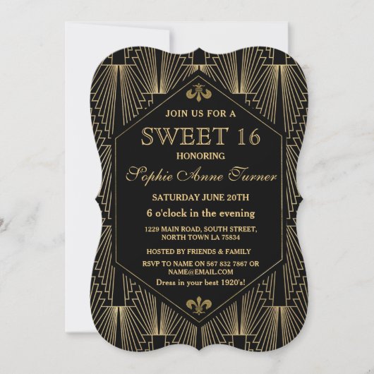 Glam Gold Great Gatsby Art Deco Sweet 16 Party Einladung (Vorderseite)
