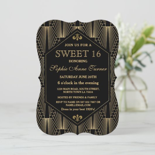 Glam Gold Great Gatsby Art Deco Sweet 16 Party Einladung (Stehend Vorderseite)