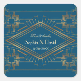 Glam Gold Great Gatsby Ocean Blue Wedding Quadratischer Aufkleber