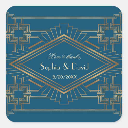 Glam Gold Great Gatsby Ocean Blue Wedding Quadratischer Aufkleber (Vorderseite)