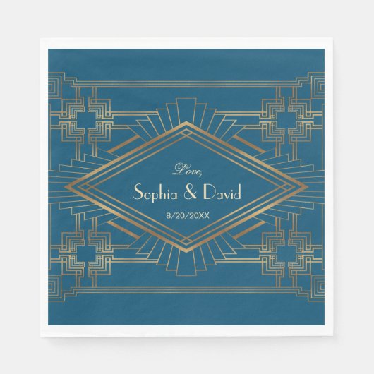 Glam Gold Great Gatsby Ocean Blue Wedding Serviette (Vorderseite)