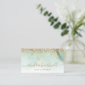Glam Gold Green Marble Glitzer Script Visitenkarte (Stehend Vorderseite)
